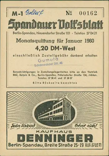 Spandau-Berlin Spandauer Volksblatt Sammlerkarte Heimatbild mit Hafenplatz 1960