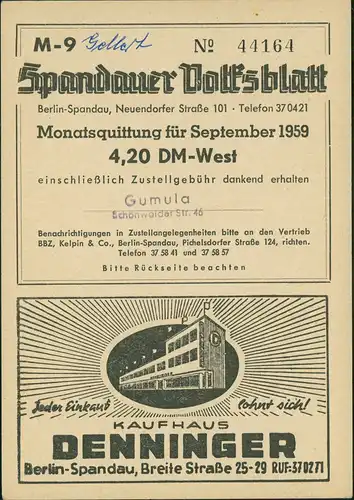 Spandau-Berlin Gut Glienicke Heimatbild Spandauer Volksblatt (Sammlerkarte) 1959