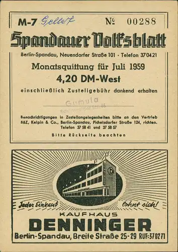 Spandau-Berlin Strandbad Oberhavel Spandauer Volksblatt Sammlerkarte 1959