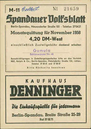 Spandau-Berlin Spandauer Volksblatt Sammlerkarte: Dorfkirche in Gatow 1958