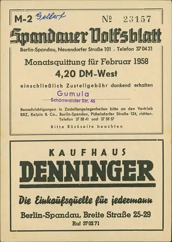 Spandau-Berlin Spandauer Volksblatt Straßen  Rathaus-Turm Heimatbild Nr. 1 1958
