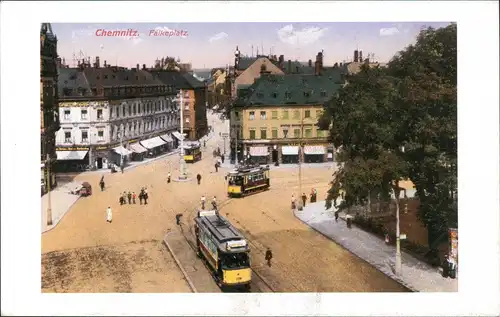 Chemnitz Falkeplatz Reprint-Ansicht anno ca. 1910 mit Tram, Straßenbahn 1980