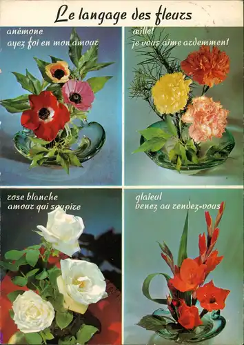 Le langage des fleurs/"Blumen-Sprache" 4 verschiedene Blumen   Bedeutung 1973