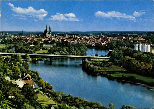 Regensburg Panorama Donau Brücke 1974   frankiert mit DBP Zuschlagsmarken