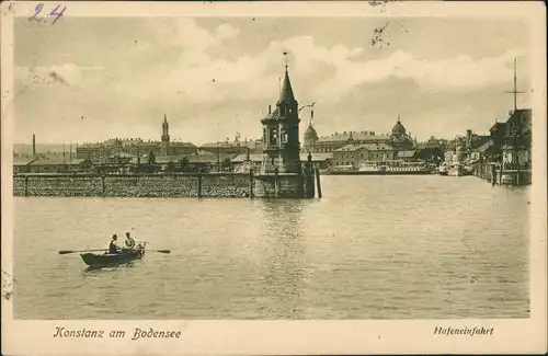 Ansichtskarte Konstanz Hafen-Einfahrt, Ruderboote mit Leuten 1922