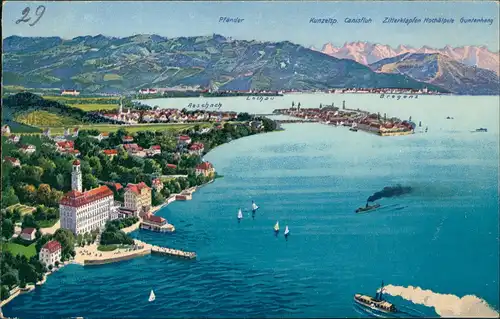 Bad Schachen-Lindau (Bodensee) Panorama See Partie Blick gegen Alpen 1921