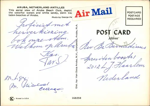 Postkaart Aruba Aerial view of Aruba Beach Club, Strand Hotel 1970