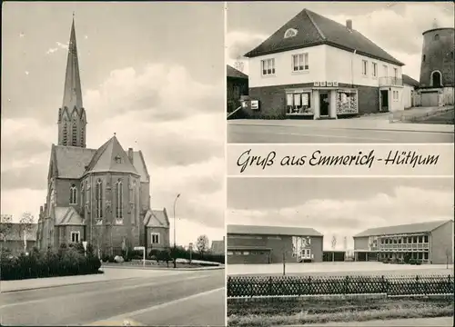 Ansichtskarte Hüthum-Emmerich (Rhein) Kirche, REWE, Schule 1975