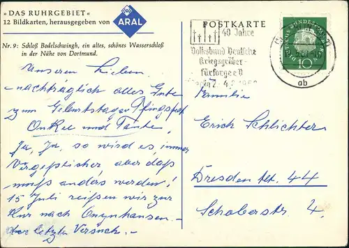 Ruhrgebiet ARAL Bildkarte Nr. 9 Schloss Bodelschwingh bei Dortmund 1959