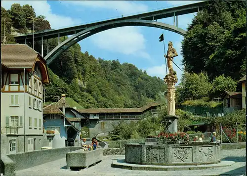 Freiburg im Üechtland Fribourg Fontaine de la Fidélité et Pont du Gottéron 1988