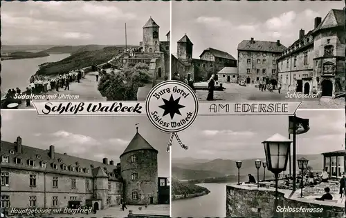 Waldeck (am Edersee) Mehrbild-AK 4 Ansichten Schloss Waldeck & Berghotel 1958