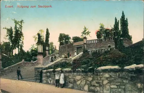 Ansichtskarte Erfurt Personen & Kinder am Aufgang zum Stadtpark 1911