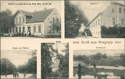 Niegripp-Burg (bei Magdeburg) 5 Bild: Gasthaus, Gutshof, Allee, Kirche 1915