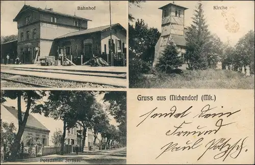 Ansichtskarte Michendorf Bahnhof, Potsdamer Straße, Kirche 1910