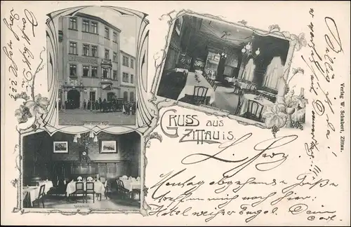Ansichtskarte Zittau Hotel Weißer Engel innen u. außen 3 Bild 1906