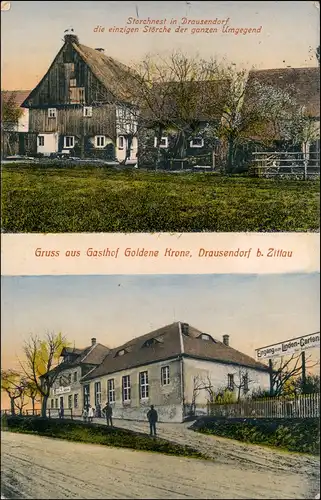 Drausendorf-Zittau Gasthaus Goldene Kroen 2 Bild Storchennest Oberlausitz 1916