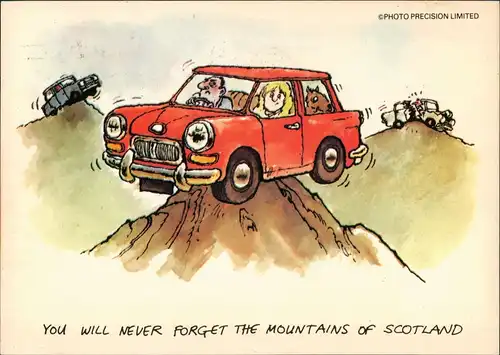 Ansichtskarte  Schottland Scotland Scherzkarte Auto Berge 1983