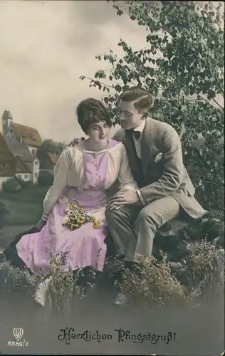 Ansichtskarte  Glückwunsch: Pfingsten Liebespaar Fotokunst coloriert 1927