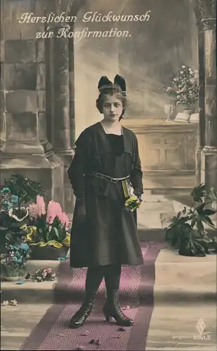 Glückwunsch - Konfirmation colorierte Fotokarte Mädchen Blumen 1920