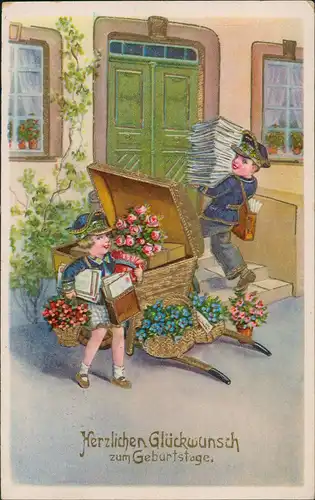 Ansichtskarte  Geburtstag Goldprägekarte Jungen als Postboten 1935 Goldrand