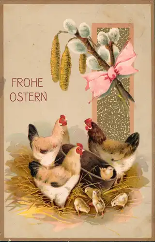 Ansichtskarte  Ostern WEIDENKÄTZCHEN Hennen KÜKEN GOLD 1912 Prägekarte