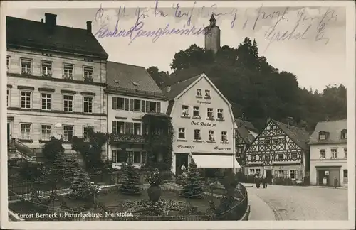 Ansichtskarte Bad Berneck im Fichtelgebirge Markplatz mit Geschäften 1933