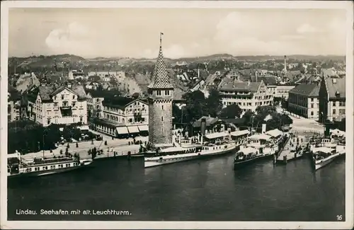 Ansichtskarte Lindau (Bodensee) Luftbild Stadt Hafen - 3 Dampfer 1937