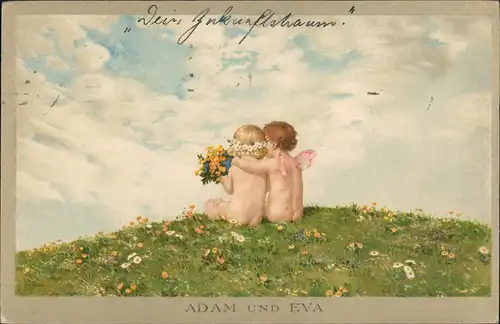 Kinder Künstlerkarte "Adam & Eva" Junge, Mädchen als Nackedei auf Wiese 1918