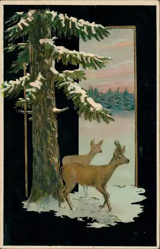 Ansichtskarte  Tiere Reh Hirsch Kunst Gruss-AK Neujahr 1910 Goldrand