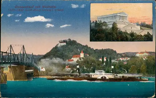 Ansichtskarte Donaustauf Panorama Ansicht mit Walhalla, Schiff, Brücke 1910