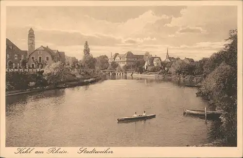 Ansichtskarte Kehl (Rhein) Panorama-Ansicht am Stadtweiher, Ruderboote 1920