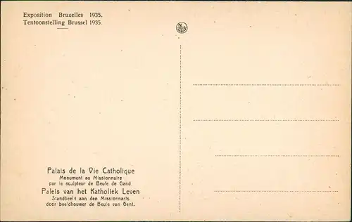 Brüssel Bruxelles Exposition Palais  Catholique Monument Missionnaire 1935