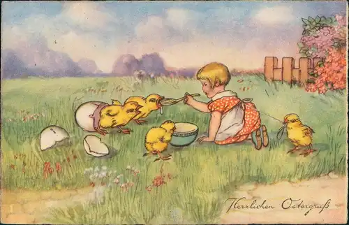 Ansichtskarte  Ostern - Mädchen füttert Küken Künstlerkarte 1935