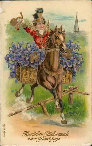 Ansichtskarte  Goldprägekarte Junge Posthorn Pferd 1909 Goldrand