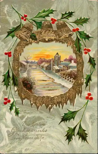 Neujahr/Sylvester Landschaft Mistel Goldrahmen u. Glocken 1907 Goldrand