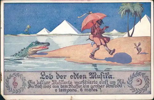 Ansichtskarte  Künstlerkarte Nil Krokodil - Lustiger Musikant 1910