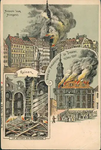 Ansichtskarte Innere Altstadt-Dresden MB Brand der Kreuzkirche Altmarkt 1897