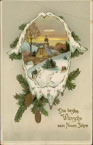 Neujahr/Sylvester Tannenzweige Landschaft Goldprägekarte 1912 Goldrand