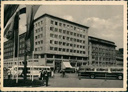 Ansichtskarte Essen (Ruhr) Postbau am Bahnhof, Verkehr mit Bus-Verkehr 1957