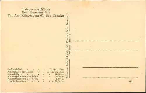 Ansichtskarte Klingenberg (Sachsen) Talsperre - 2 Bild 1922