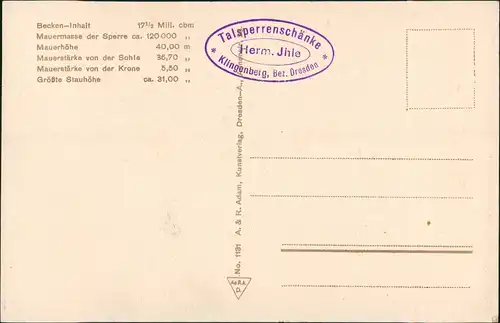 Ansichtskarte Klingenberg (Sachsen) Talsperre, Talsperrenschänke 1924