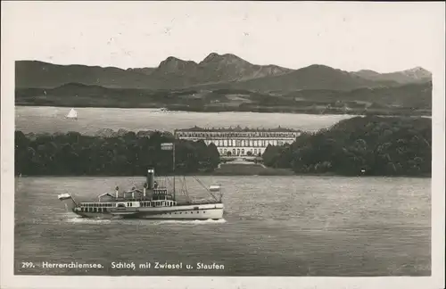 Chiemsee Herrenchiemsee Herreninsel mit Schloss, Dampfer Fahrgastschiff 1930
