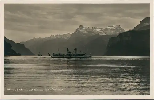 Luzern Lucerna Vierwaldstättersee Dampfer Schiff, Alpen Bergketten Panorama 1930
