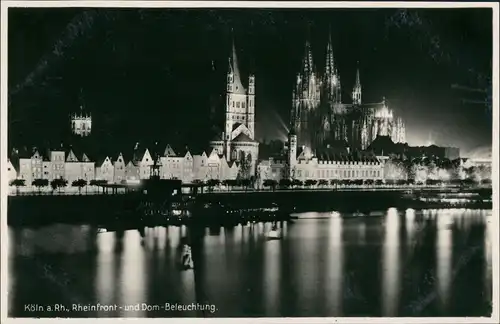 Ansichtskarte Köln Rheinfront und Dom-Beleuchtung 1931