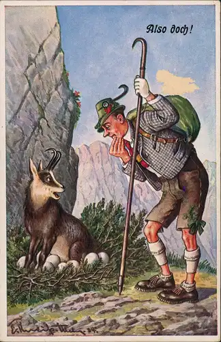 Ansichtskarte  Scherzkarte Wanderer und Gems Alpen 1924