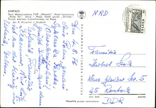 Postcard Krummhübel Karpacz Seilbahn, Hotels, Straßen - MB 1972