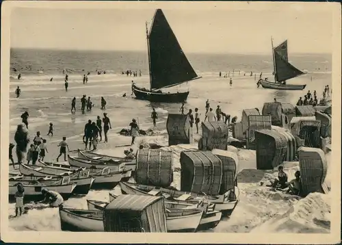 Ahlbeck (Usedom) Strand Ostsee Strandkörbe, landende Segelschiffe 1935