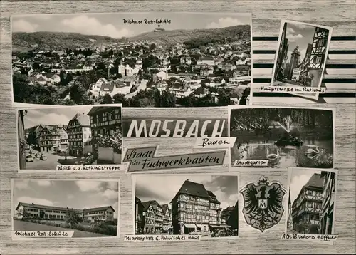 Mosbach (Baden) Mehrbild-AK Panorama Schule, Marktplatz, Stadtgarten uvm. 1960