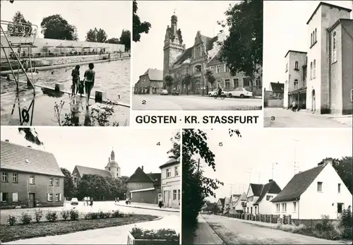 Güsten DDR Mehrbild-AK mit Bad, Rathaus, Straßen, Wohnsiedlung 1984/1980