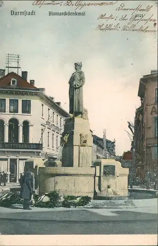 Ansichtskarte Darmstadt Partie am Bismarckdenkmal - Geschäfte 1906